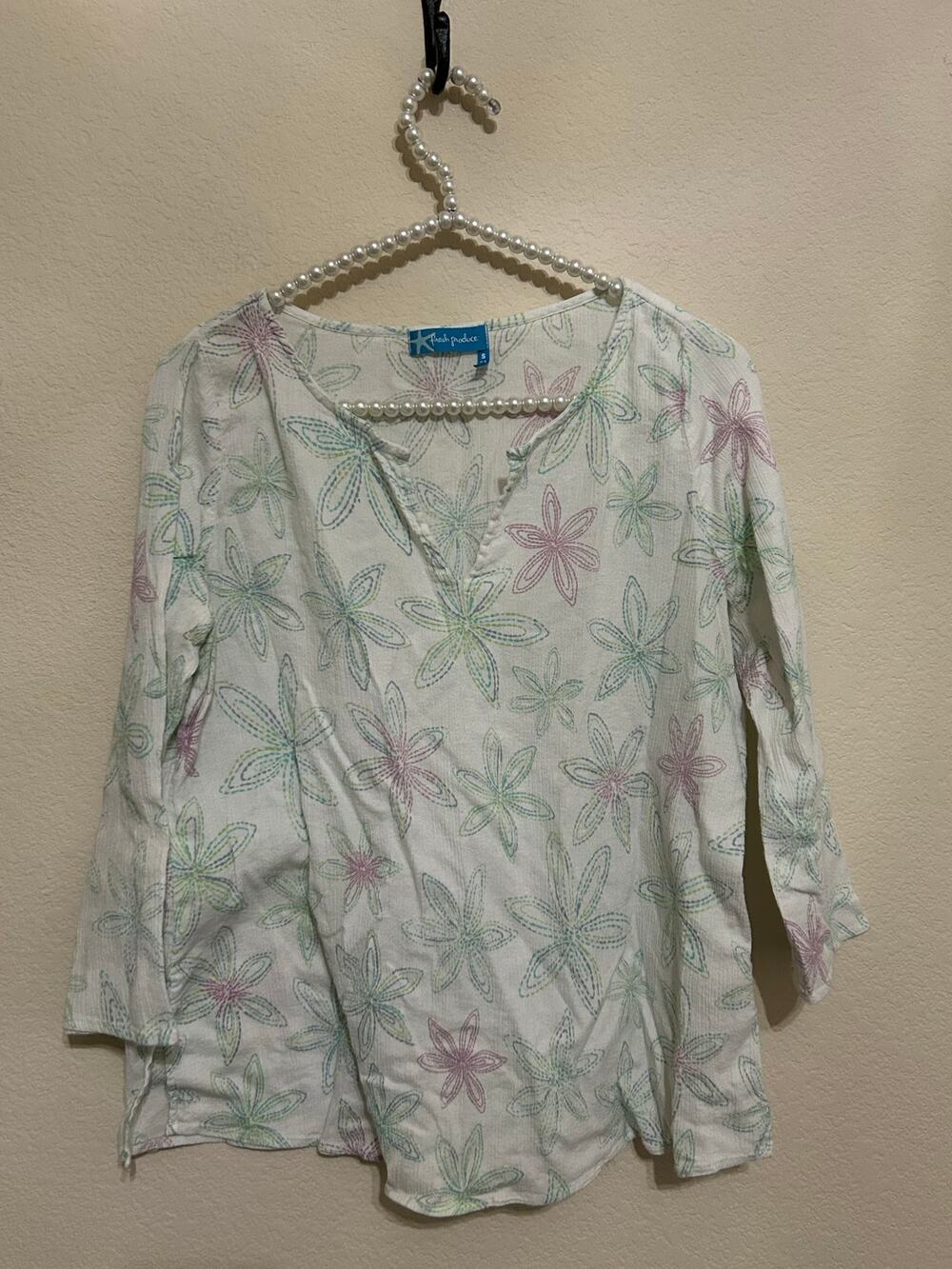 Fresh Produce Size Small Gauzy Blouse Cotton Floral Lightweight Long Sleeve Top